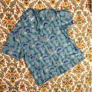 Vintage 100% Silk Hawaiian Shirt Teal Tropical Palm Tree Sunset - XL